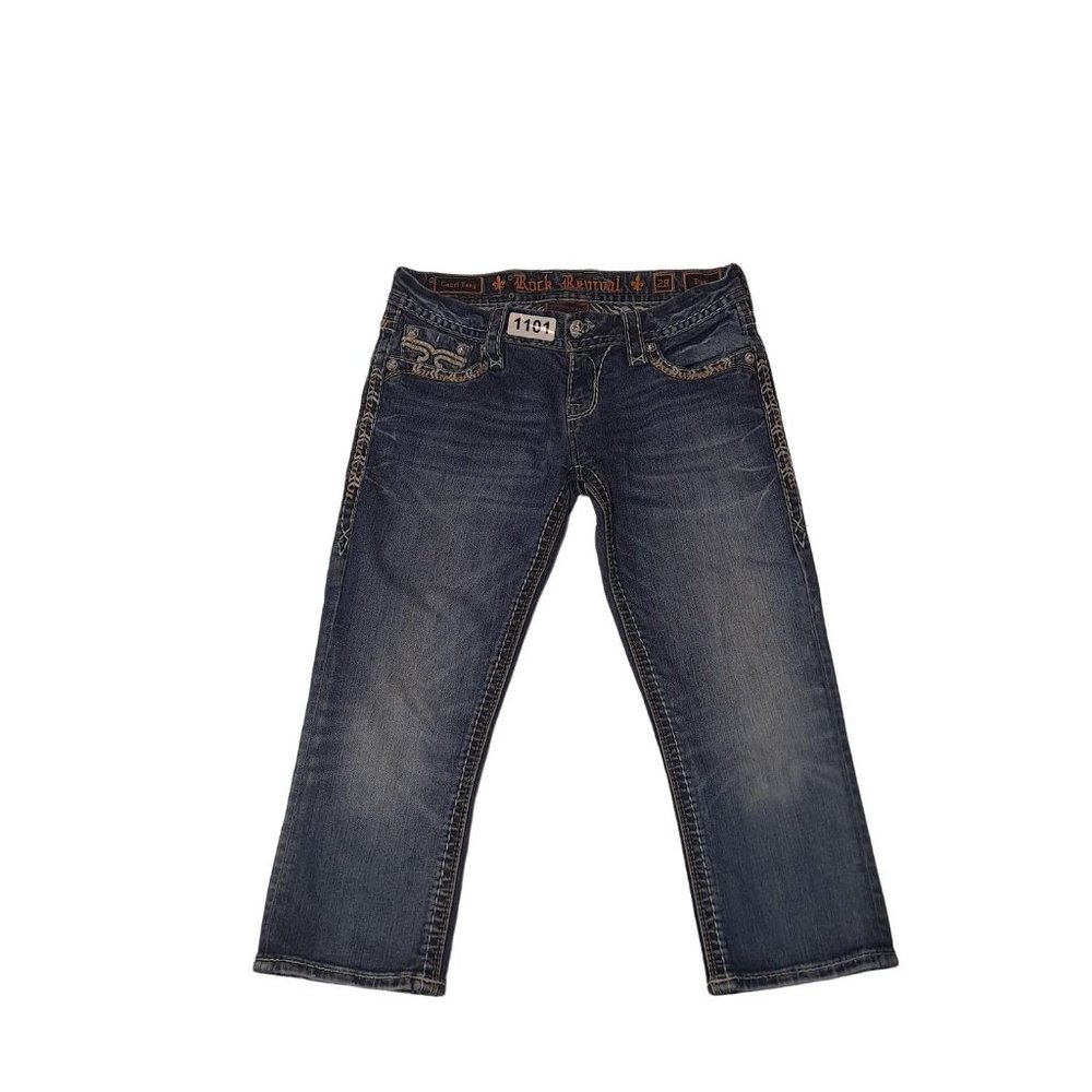 Rock Revival Womens Tibbie Blue Denim Flat Front Button Capri Jeans Size 28